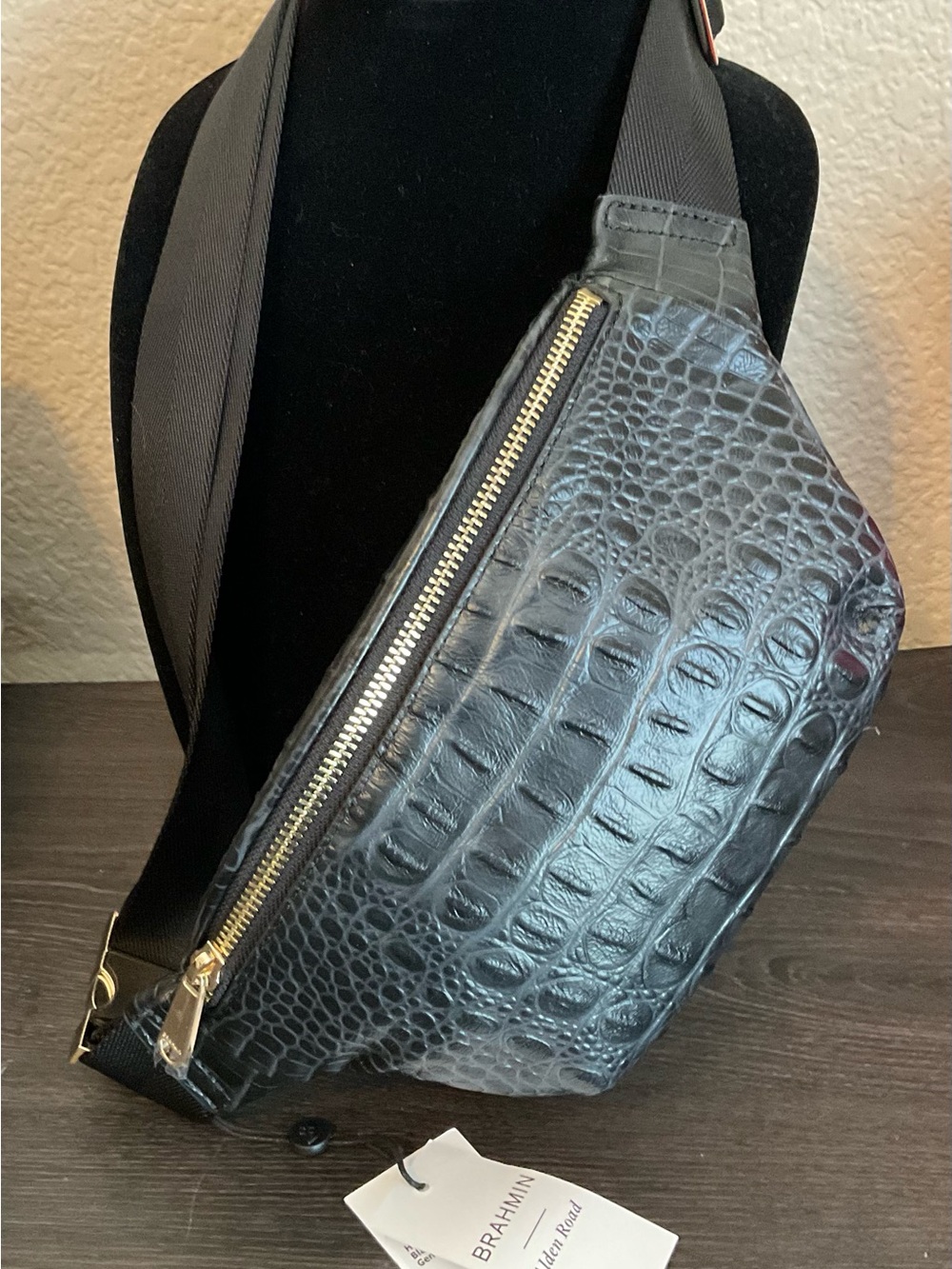 Brahmin Black Croc-Embossed Leather Belt Bag with Gold Hardware